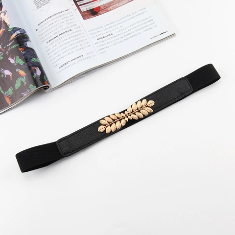 Cintura Elastica Sottile da Donna con Fibbia ad Incastro a Foglia in Metallo Vintage Cintura a Corsetto in Pelle PU Nera e Oro per Abiti Maglioni