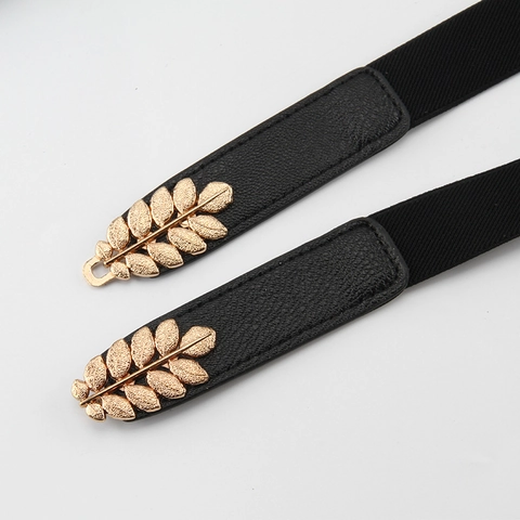 Cintura Elastica Sottile da Donna con Fibbia ad Incastro a Foglia in Metallo Vintage Cintura a Corsetto in Pelle PU Nera e Oro per Abiti Maglioni