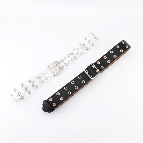 Punk Style Double Row Eyelets Transparent PVC Black PU Leather Belt With Detachable Butterfly Thorn Metal Pant Chain For Jeans Women Men