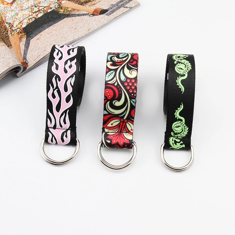 Streetwear Stoffgürtel Doppel-D-Ring Schnalle Mode Flamme Drachen Druck Taillengürtel Retro Gewebe Dekorativer Gürtel Unisex Casual Accessoire