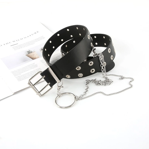 Cinturón Punk de Cuero Artificial Con Ojales Dobles Y Cadena De Metal Desmontable Y Anillo Para Mujeres Hombres Goth Streetwear Negro