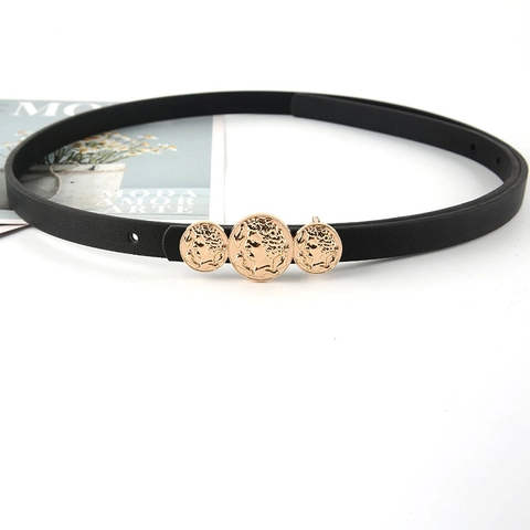 Cintura Sottile Donna Vintage Con Fibbia a Medaglione in Pelle PU Retro Cintura Sottile per Abiti Jeans Casual Nero