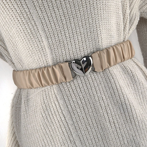 Cintura Elastica da Donna Increspata in Ecopelle Vintage Cinturino Stretch Con Fibbia a Cuore Argento per Abiti Cintura Decorativa