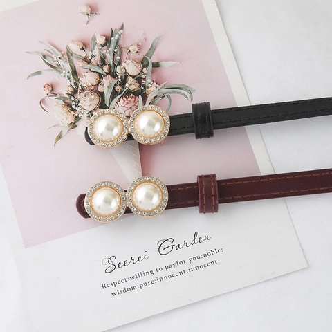 Women Slimming Artificial Leather Belt Elegant Artificial Pearl Rhinestone Snap Button Girdle For Suit Dress Sweater Accessory