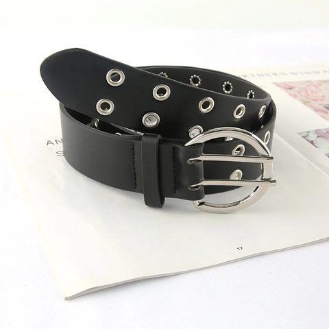 Cintura da Donna Punk in Pelle Sintetica Con Decorazione Occhielli Fibbia a Doppio Ardiglione in Metallo Streetwear Hip Hop Nero