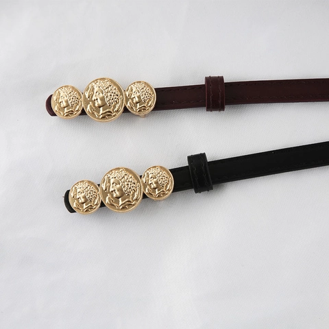 Cintura Sottile da Donna Vintage in Ecopelle Con Rilievo a Testa in Lega Decorativa per Abiti Jeans Elegante Accessorio Retro