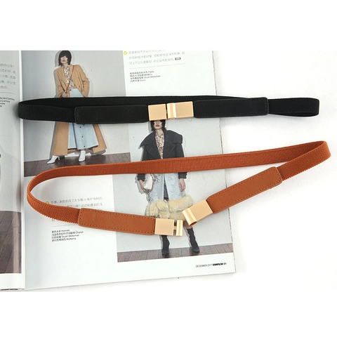 Ceinture Élastique pour Femme Mode Mince en Similicuir avec Boucle en Alliage Doré pour Robe Pull Manteau