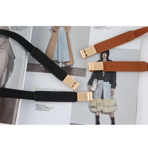 Ceinture Élastique pour Femme Mode Mince en Similicuir avec Boucle en Alliage Doré pour Robe Pull Manteau