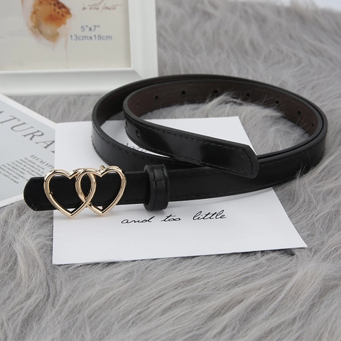Women Elegant Skinny Belt With Golden Double Interlocking Heart Buckle Faux Leather Waist Strap For Jeans Suits Dress