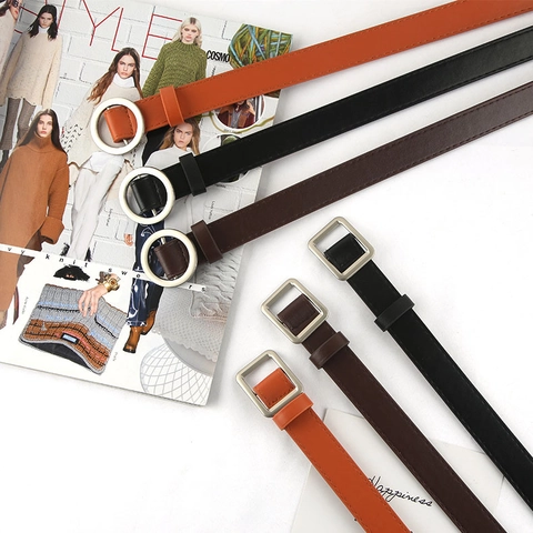 Women Minimalist Skinny PU Leather Belt Square Round Alloy Pin Buckle Holeless Waist Belt Korean Fashion Jeans Accessory
