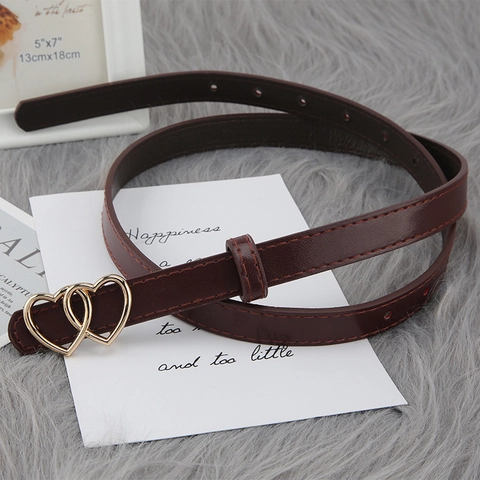 Women Elegant Skinny Belt With Golden Double Interlocking Heart Buckle Faux Leather Waist Strap For Jeans Suits Dress
