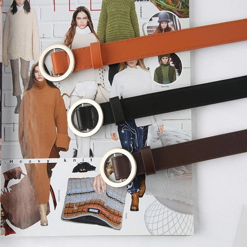 Women Minimalist Skinny PU Leather Belt Square Round Alloy Pin Buckle Holeless Waist Belt Korean Fashion Jeans Accessory