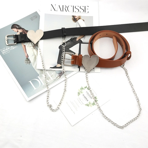 Women Retro Heart Metal Buckle Faux Leather Belt With Chain Punk Gothic Fashion Waist Belt For Jeans Dresses Black Khaki