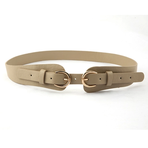 Women Fashion Wide Faux Leather Waist Belt With Double Alloy Horseshoe Pin Buckles Solid Color Waist Cincher For Dresses