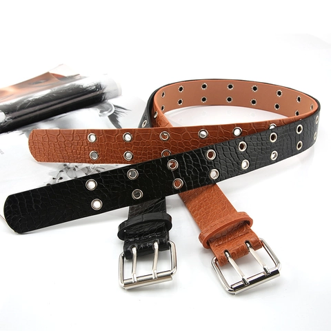 Punk Style Synthetic Leather Belt With Crocodile Texture And Double Row Metal Eyelets Featuring Silver Double Pin Buckle For Fashionable Women