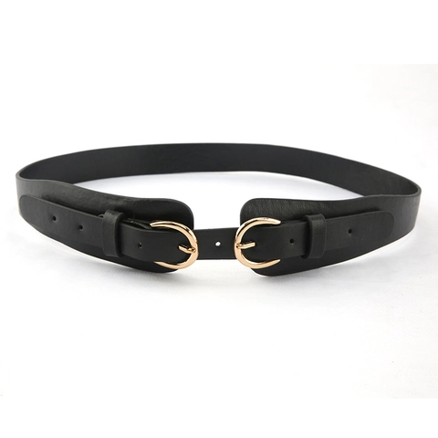 Women Fashion Wide Faux Leather Waist Belt With Double Alloy Horseshoe Pin Buckles Solid Color Waist Cincher For Dresses