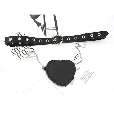 Punk Style Women PU Leather Belt With Heart Shape Metal Buckle Detachable Mini Heart Pouch Chain Fashion Waist Belt Accessory