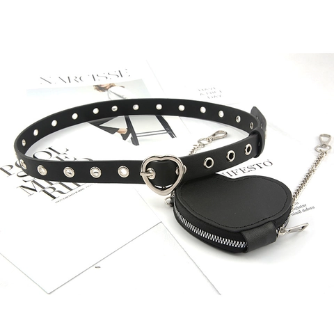 Punk Style Women PU Leather Belt With Heart Shape Metal Buckle Detachable Mini Heart Pouch Chain Fashion Waist Belt Accessory