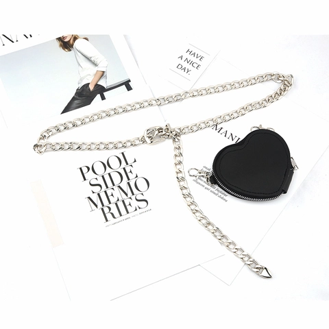 Punk Heart Mini Pouch Metal Chain Belt For Women Fashion Adjustable Silver Waist Chain Belt With Black Heart Bag Accessory