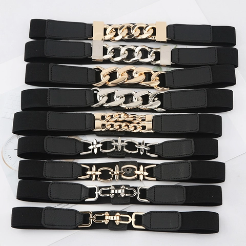 Women Fashion Elastic Waist Belt PU Leather Alloy Chain Decorative Corset Belt For Dresses Versatile Stretch Cinch Belt