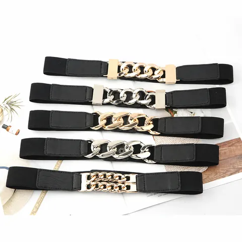 Women Fashion Elastic Waist Belt PU Leather Alloy Chain Decorative Corset Belt For Dresses Versatile Stretch Cinch Belt