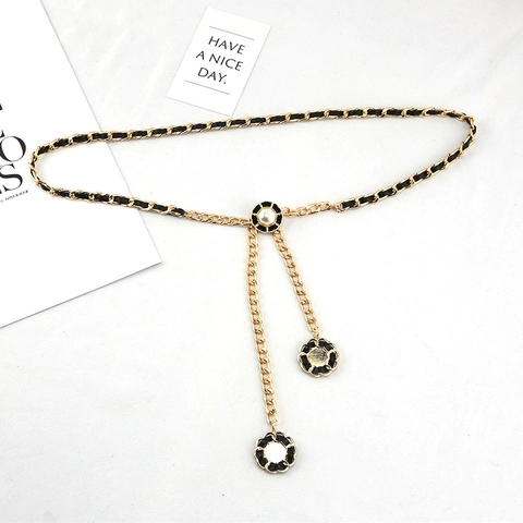 Women Fashion Metal Chain Belt Woven With Leather Strap Elegant Artificial Pearl Flower Pendant Adjustable Waist Link Belt