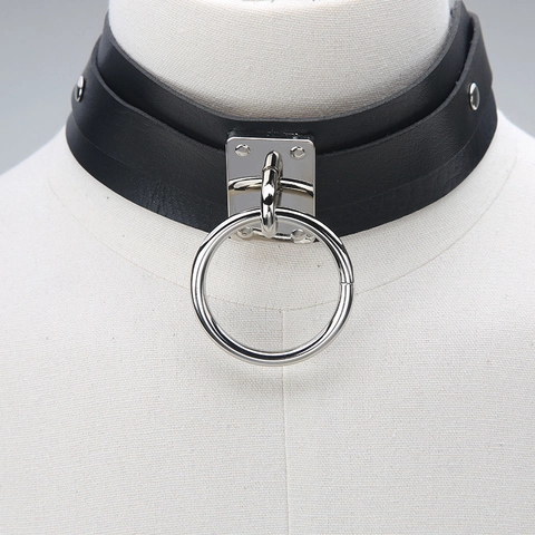 Punk PU Leder Halsband Großer Silberner Ring Niete Goth Verstellbares Nackenband Harajuku Gothic Accessoires Damen Cosplay