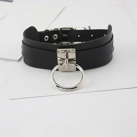 Punk PU Leder Halsband Großer Silberner Ring Niete Goth Verstellbares Nackenband Harajuku Gothic Accessoires Damen Cosplay