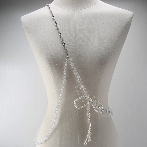 Eleganter Künstliche Perle Strass Eisen Körperkette Für Damen Süße Schleife Perlen Trägerkette Mode Zubehör