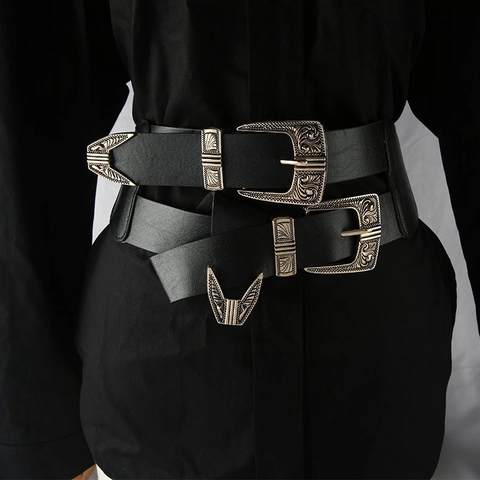 Women Retro PU Leather Elastic Corset Belt Vintage Metal Carved Double Buckle Waist Cincher Slimming Fashion Accessory