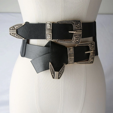 Women Retro PU Leather Elastic Corset Belt Vintage Metal Carved Double Buckle Waist Cincher Slimming Fashion Accessory