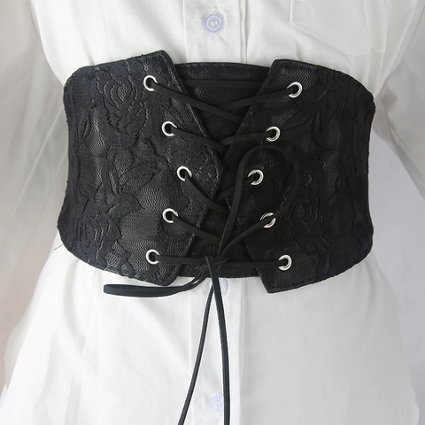 Vintage Women Lace Corset Belt Wide Elastic Waist Cincher Seal With Floral Pattern Lace-up Front Ruffle Decor For Dresses