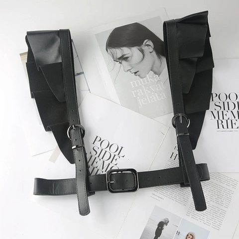 Cintura a Corsetto in Pelle PU Punk per Donna Bretella con Volant Imbracatura per il Corpo Gothic Accessorio Girovita Nero