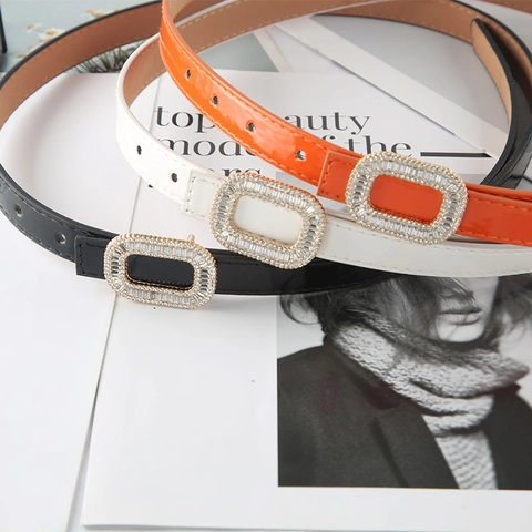Elegant Women Thin Faux Leather Belt Shiny Rhinestone Square Buckle Fashion Glossy Waist Belt For Dress Jeans Daily