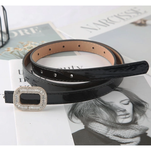 Elegant Women Thin Faux Leather Belt Shiny Rhinestone Square Buckle Fashion Glossy Waist Belt For Dress Jeans Daily