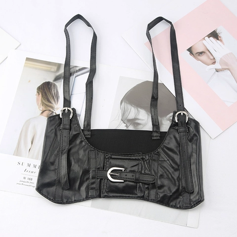Punk Schwarz PU Leder Hosenträger Korsett Gürtel Für Damen Mode Street Style Taillensiegel Mit Verstellbaren Riemen Und Metallschnallen
