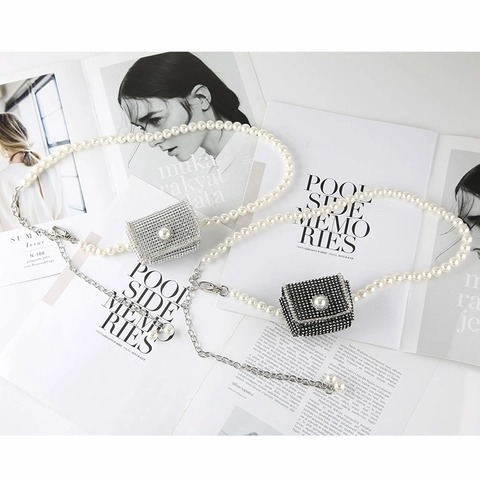 Moda Donna Catena da Vita con Perle Artificiali di Lusso Mini Borsa con Strass Accessori per Cintura in Lega di Alluminio
