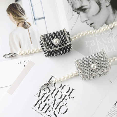 Moda Donna Catena da Vita con Perle Artificiali di Lusso Mini Borsa con Strass Accessori per Cintura in Lega di Alluminio