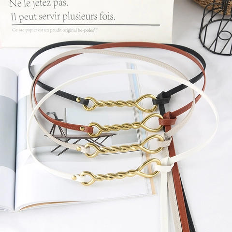 Women Skinny Artificial Leather Belt Vintage Twisted Knot Alloy Buckle Fashion Minimalist Thin Waist Belt For Dresses Suits