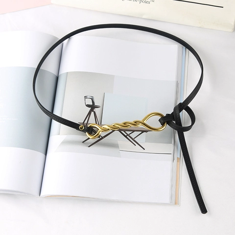 Women Skinny Artificial Leather Belt Vintage Twisted Knot Alloy Buckle Fashion Minimalist Thin Waist Belt For Dresses Suits
