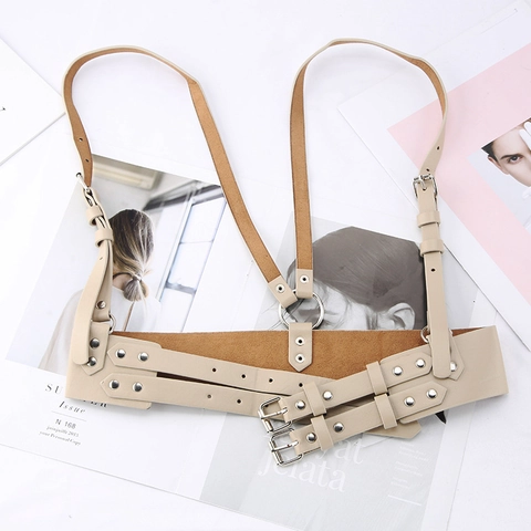 Women Punk PU Leather Body Harness Belt Wide Waist Seal With Adjustable Shoulder Straps Metal Ring Rivet Fashion Corset Belt