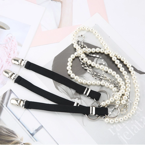 Elegante Cintura con Bretelle in Metallo Perle Artificiali e Strass da Donna Bretelle Elastiche alla Moda con Clip Catena da Vita per Feste Gioielli