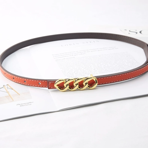 Eleganter Damen Schmaler PU-Ledergürtel Mit Goldener Metallkettenschnalle Saffiano-Textur Taillengurt Für Kleider Und Hosen