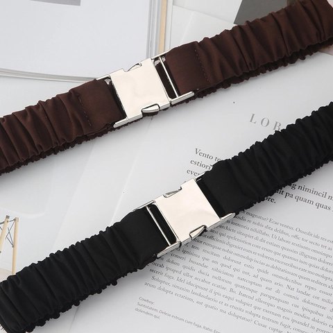 Women's Elastic Pleated Waist Belt Fashion Suit Corset Wide Smocked Dress Belt With Silver Metal Interlocking Buckle