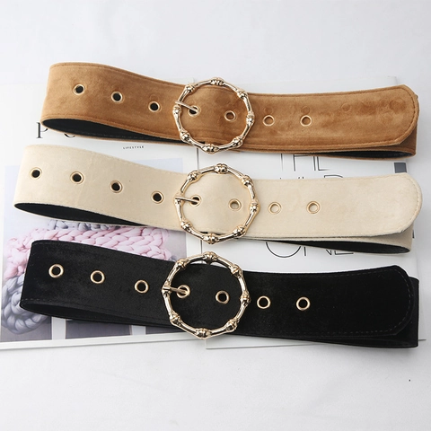Women Vintage Wide Woolen Waist Belt With Gold Bamboo Round Buckle Solid Color Adjustable Eyelet Dress Corset Belt Fashion Accessory