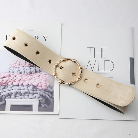 Women Vintage Wide Woolen Waist Belt With Gold Bamboo Round Buckle Solid Color Adjustable Eyelet Dress Corset Belt Fashion Accessory