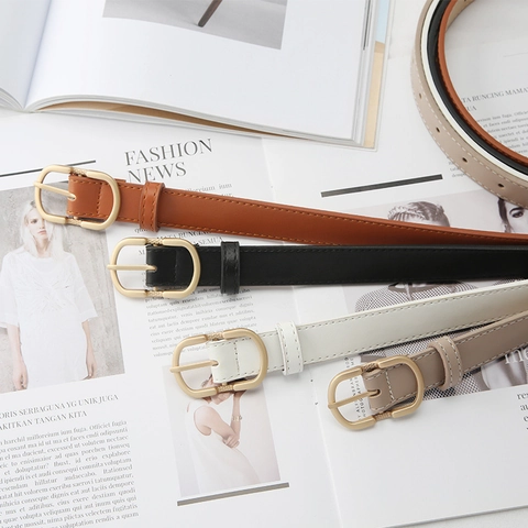 Cintura Sottile da Donna in Similpelle Minimalista Retro Abbinabile Con Fibbia ad Ardiglione Tonda in Lega Accessorio Moda