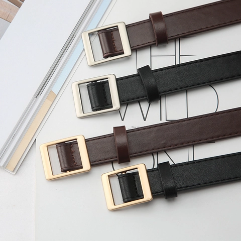 Women Thin Holeless Faux Leather Belt Retro Simple Fashion Waist Belt With Square Metal Buckle For Jeans Dresses Daily