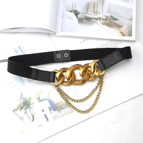 Damen Fashion Elastischer Gürtel Antikgold Kette Dekor Kunstleder Korsettgürtel Für Kleider Mäntel Anzug Schicker Taillengürtel