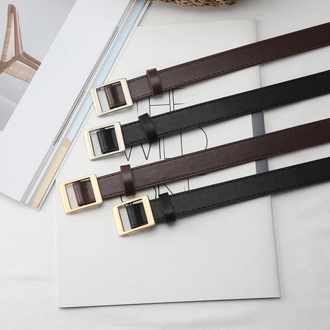 Women Thin Holeless Faux Leather Belt Retro Simple Fashion Waist Belt With Square Metal Buckle For Jeans Dresses Daily